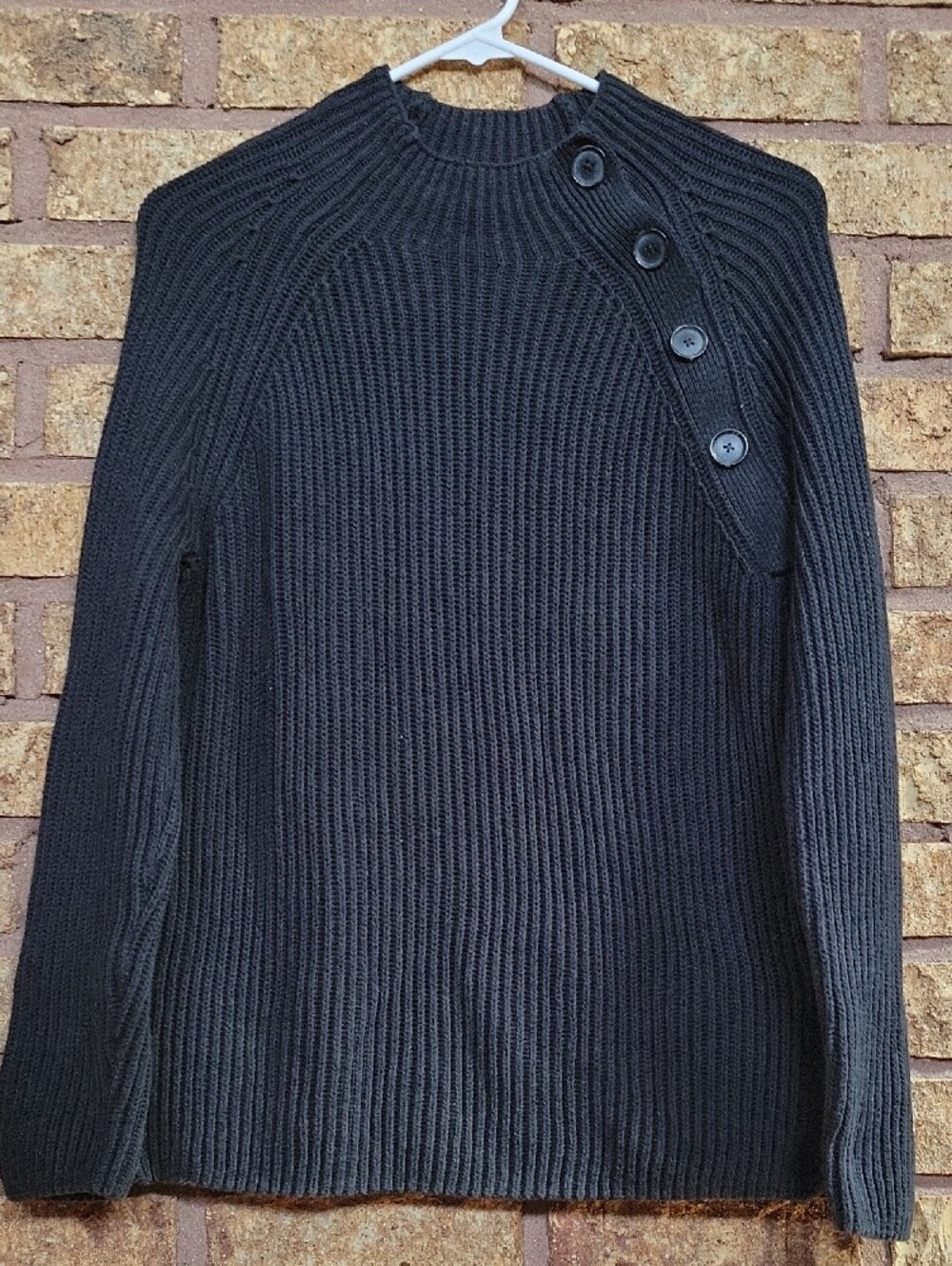 GAP Black Asymmetrical Button Raglan Rib Knit 100% Cotton Sweater Women's Size M - Picture 5 of 10